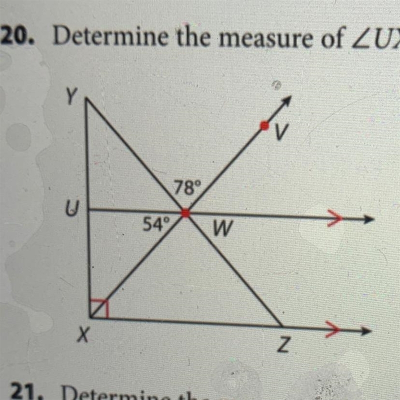 20. Determine the measure of ZUXW in the diagram. Y U X 78° 54% W Z-example-1