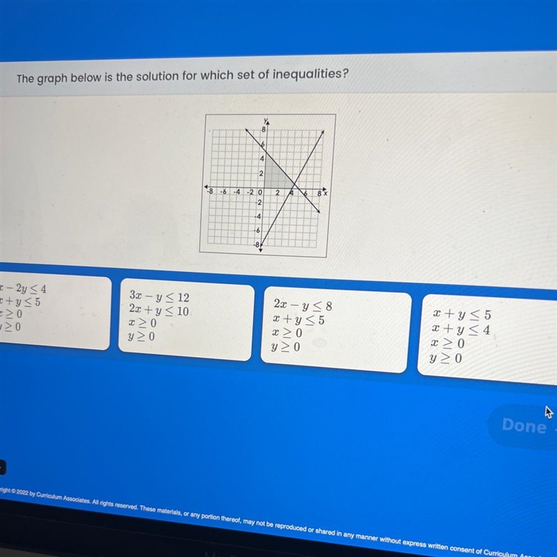 PLEASE HELP ASAP!! The graph below is the solution for which set of inequalities? 1) x-example-1