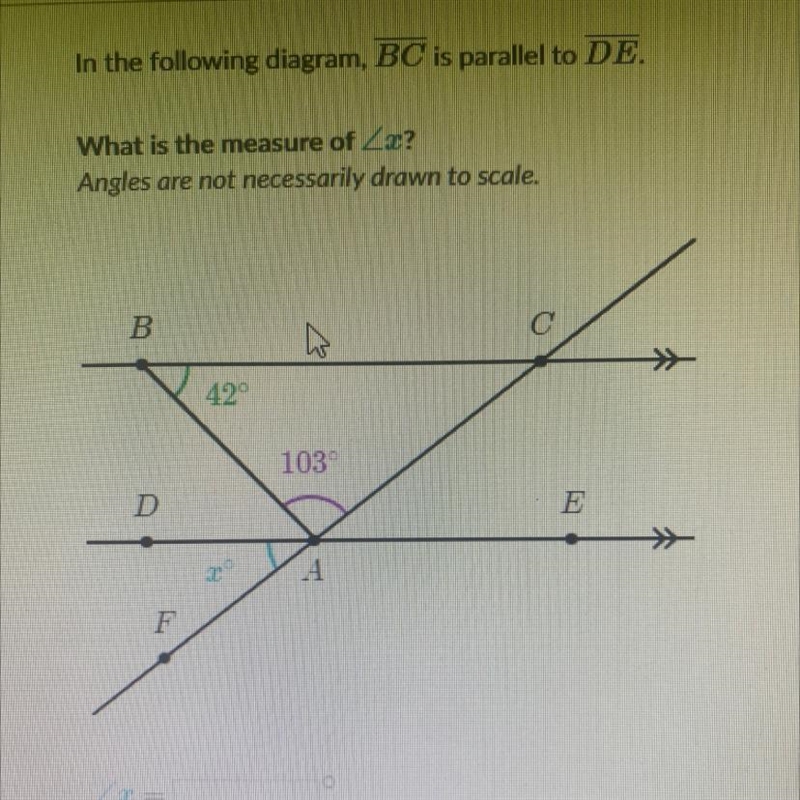 Mi pie In the following diagram, BC is parallel to DE. What is the measure of Zz? Angles-example-1