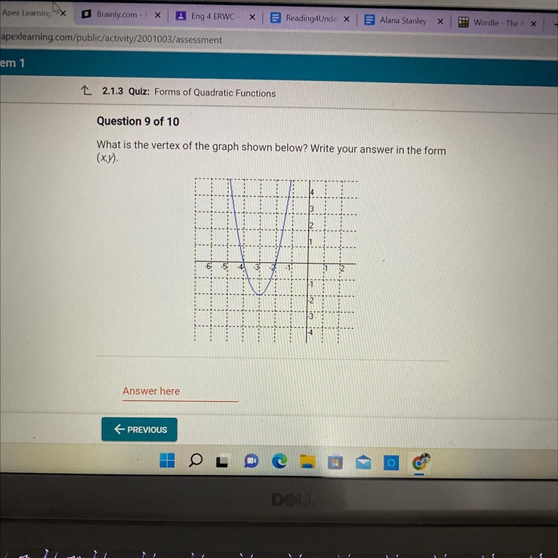 What is the vertex of the graph shown below? Write your answer in the form (x,y).-example-1