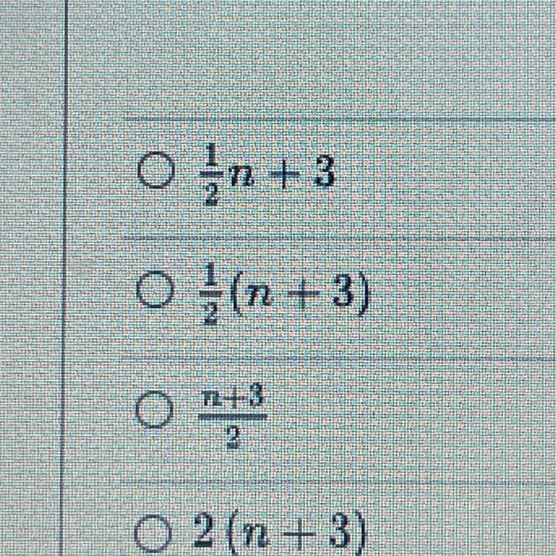 Which expression represents half of a number,n,plus 3?-example-1