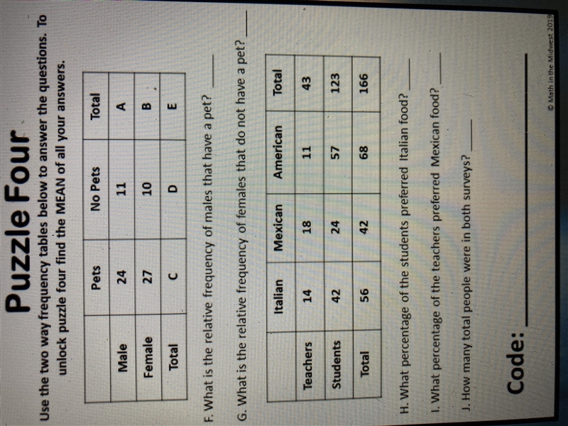 Use the two way frequency tables below to answer the questions. To unlock puzzle four-example-1