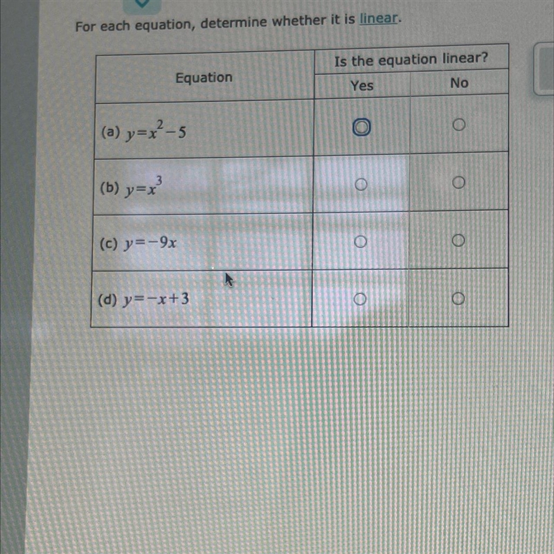 For each equation, determine whether it is linear. Equation (a) y=x²-5 (b) y=x³ (c-example-1