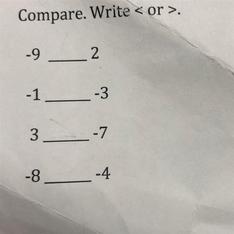 Which ones are greater? -9 ? 2 -1 ? -3 3 ? -7 -8 ? -4-example-1