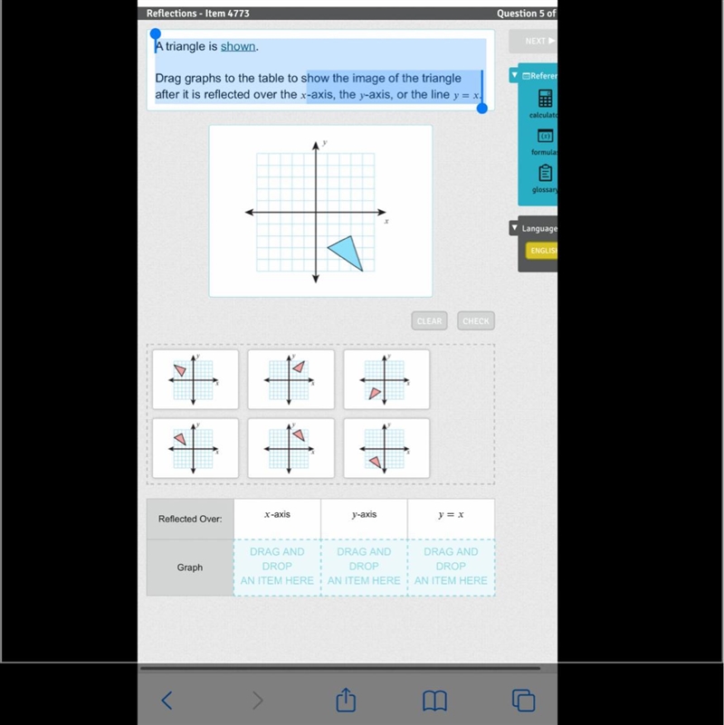 A triangle is shown.Drag graphs to the table to show the image of the triangle after-example-1