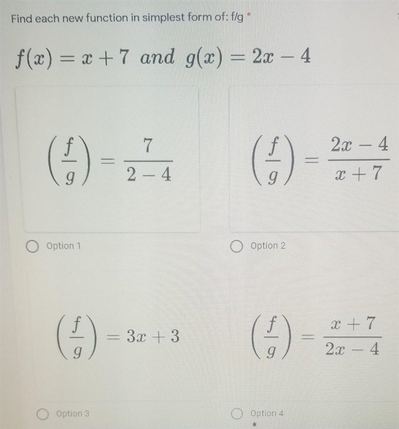 Find each new function in simplest form of : f/gWhich of the four options is it? Also-example-1