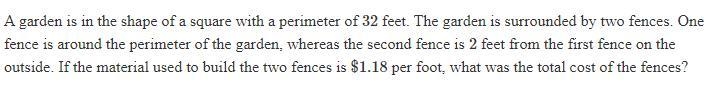 A garden is in the shape of a square with a perimeter of 32 feet. The garden is surrounded-example-1
