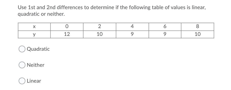 Help!!! Use 1st and 2nd differences to determine if the following table of values-example-1