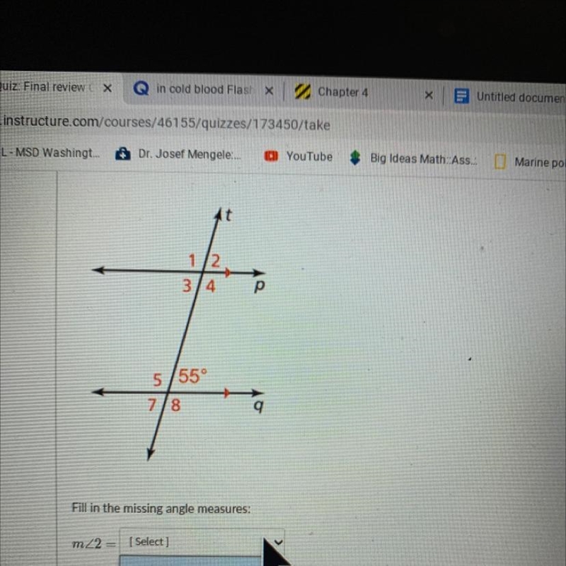 Fill in the missing angle measures.The possible answers are 55 degrees and 125 degrees-example-1