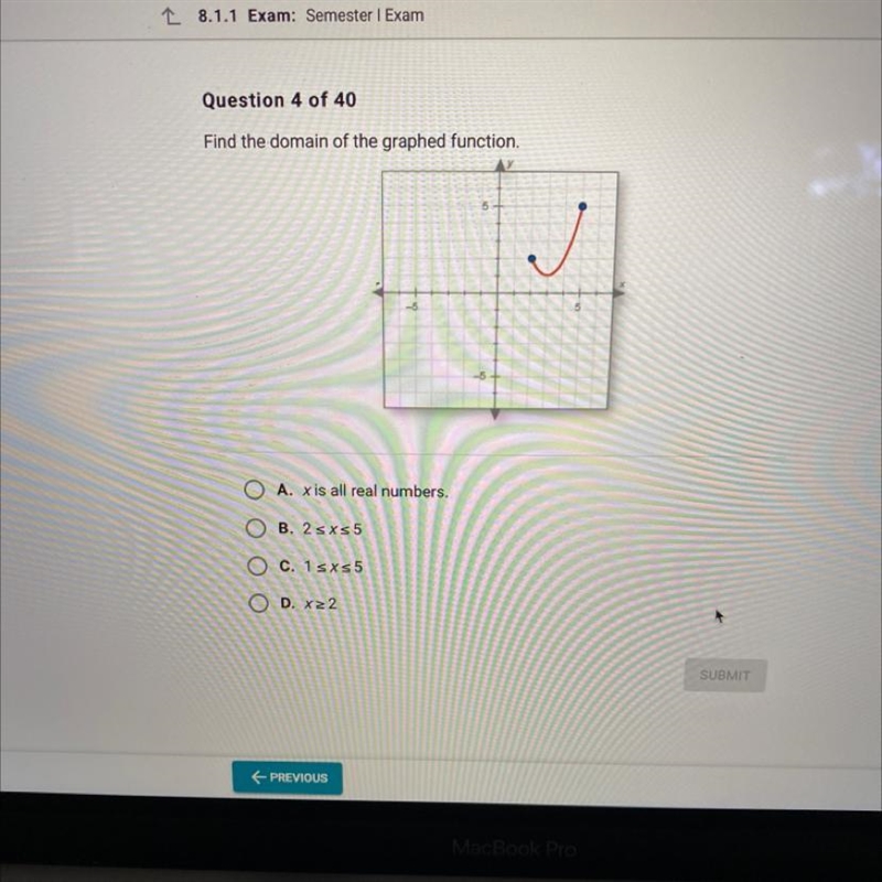 Find the domain of the graphed function. A. x is all real numbers. B. 2≤x≤5 C. 1≤x-example-1