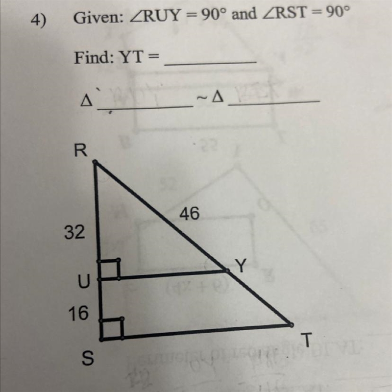 Given ∠RUY=90° and ∠RST=90° Find YT=-example-1