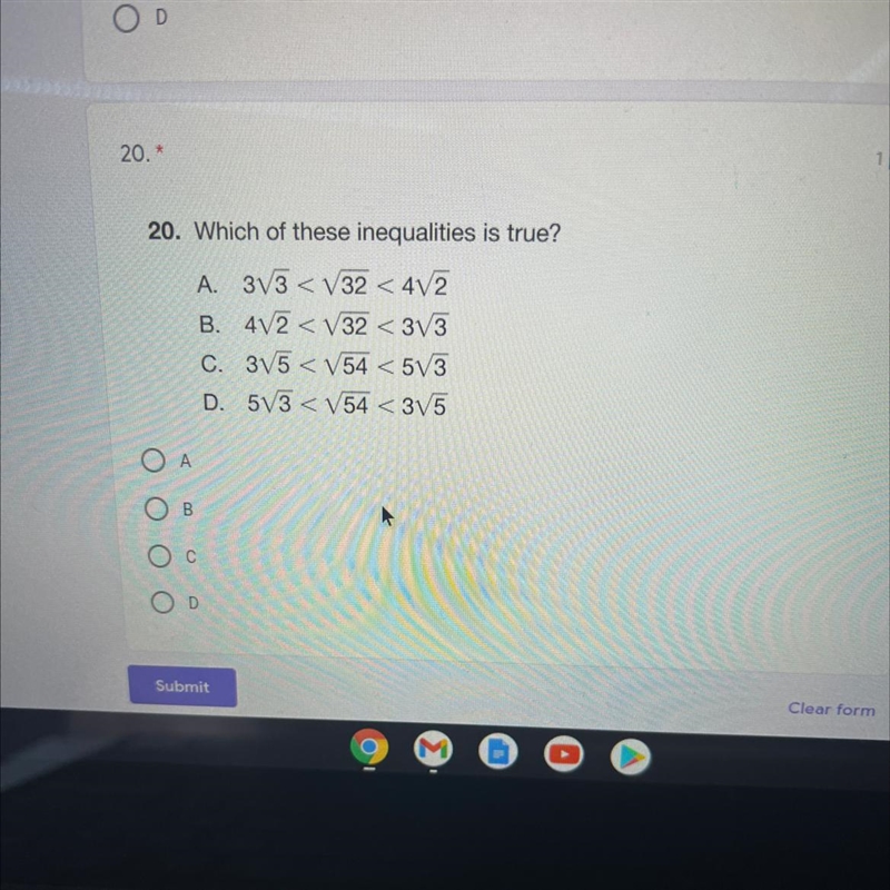 Which of these inequalities is true? A. 3V3 < V32 < 412 B. 412 < V32 &lt-example-1