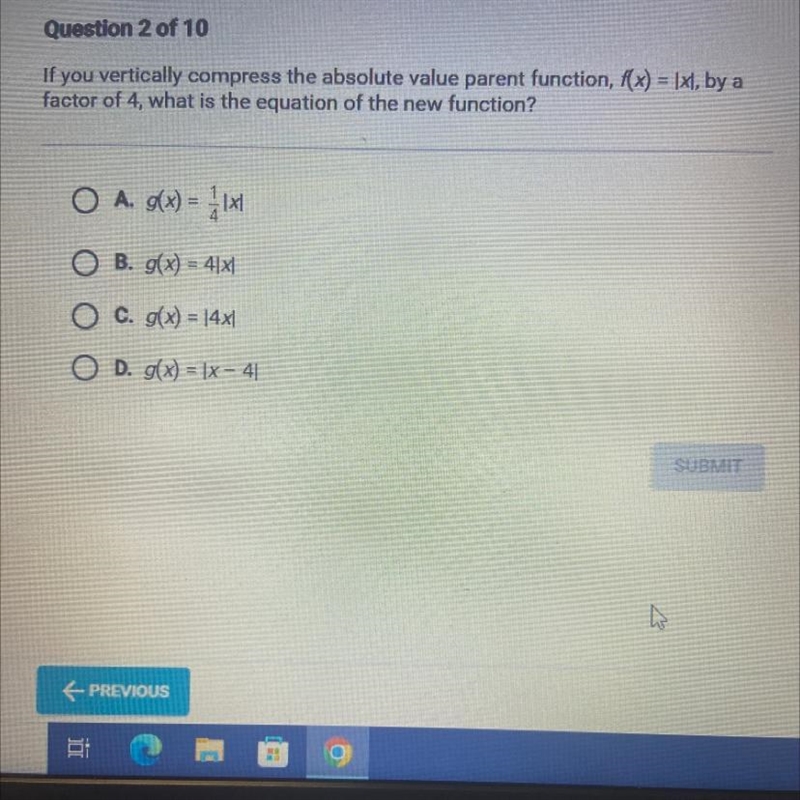 If you vertically compress the absolute value parent function, f(x) = Ixl, by afactor-example-1