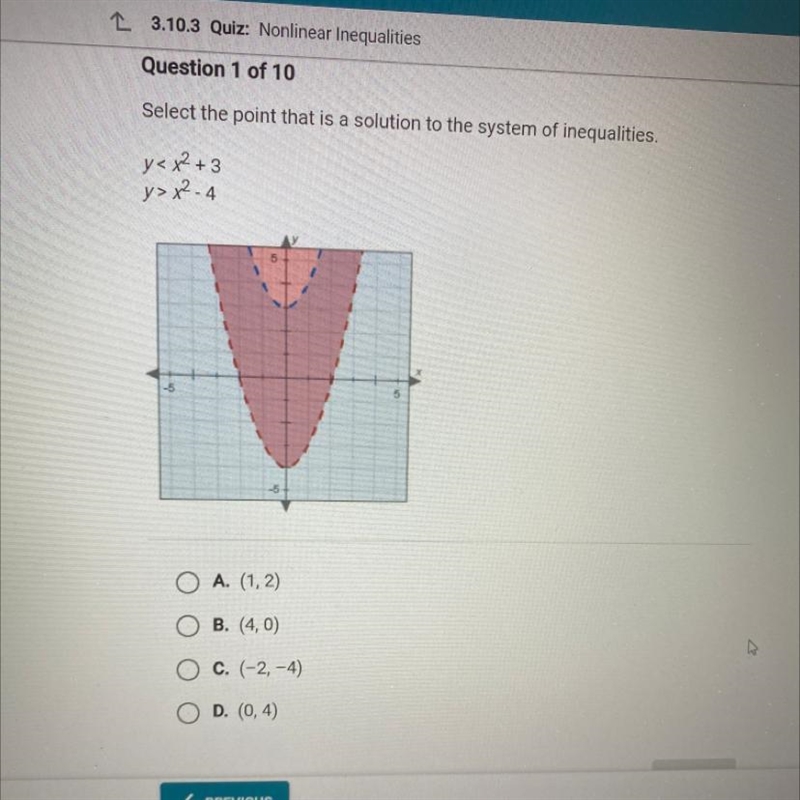 Question 1 of 10 Select the point that is a solution to the system of inequalities-example-1