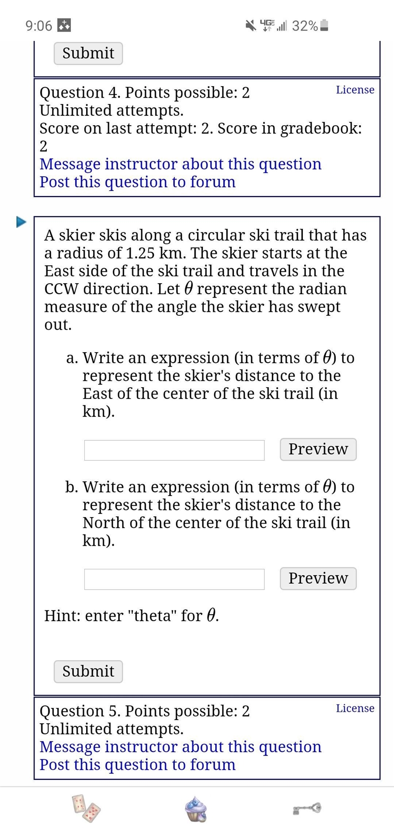 A skier skis along a circular ski trail that has a radius of 1.25 km. The skier starts-example-1