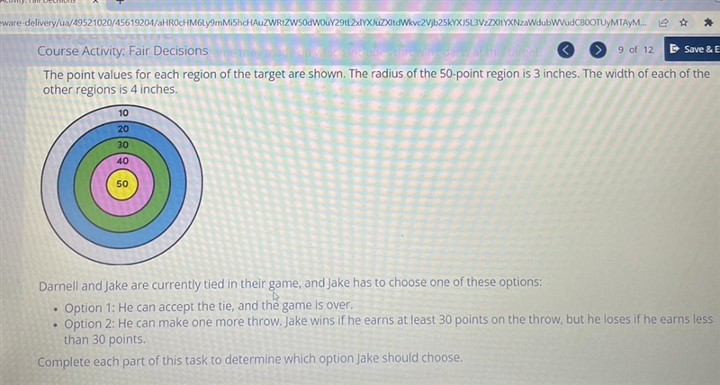 What is the probability that Jake's throw will earn at least 30 points? 13.6% 33.5% 36% 73%-example-1