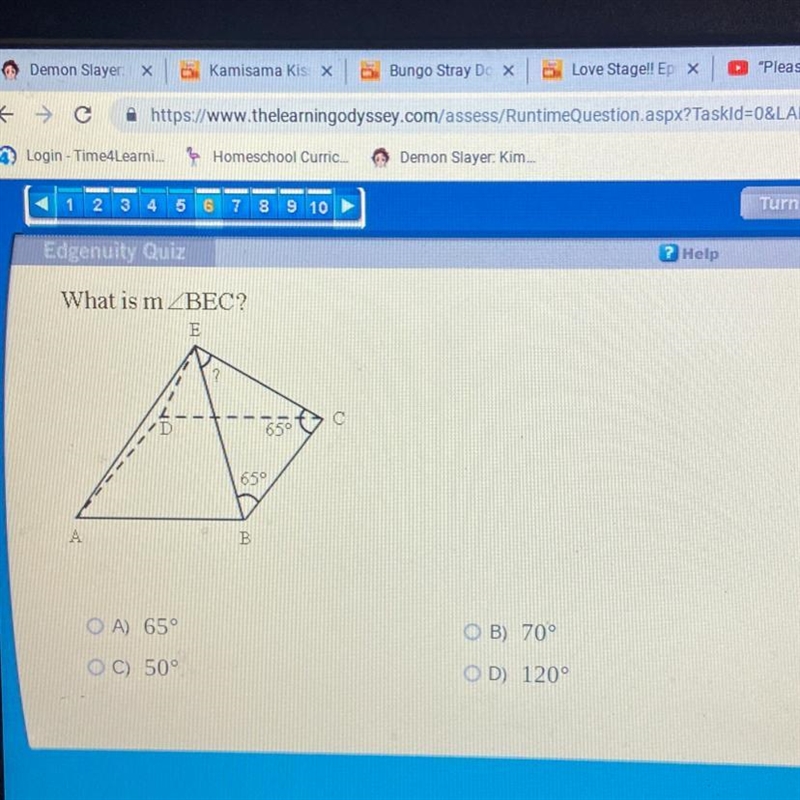 What is m _BEC OB) 70° OA) 65° OD) 120° OC) 50°-example-1