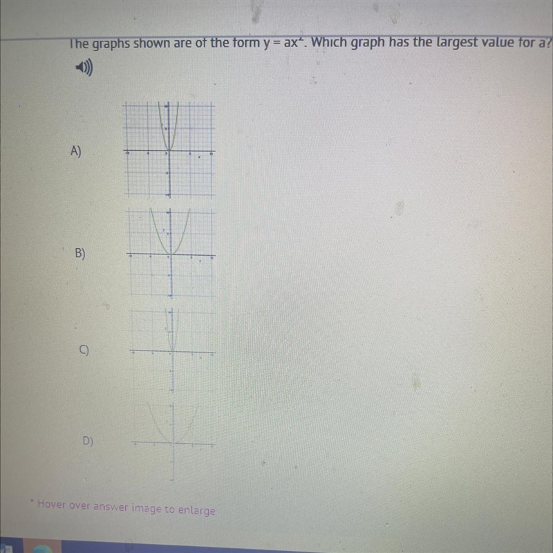 The graphs shown are of the form y = a * x ^ 2 Which graph has the largest value for-example-1