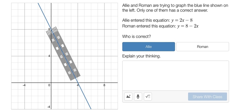 Allie and Roman are trying to graph the blue line shown on the left. Only one of them-example-1