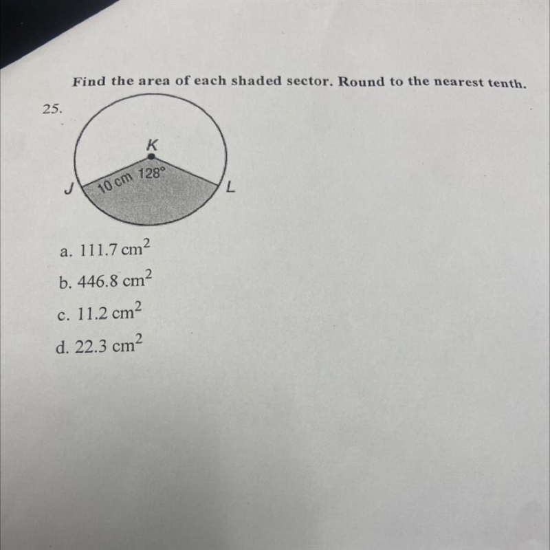 Find the area of each shaded sector. round to the nearest tenth.-example-1