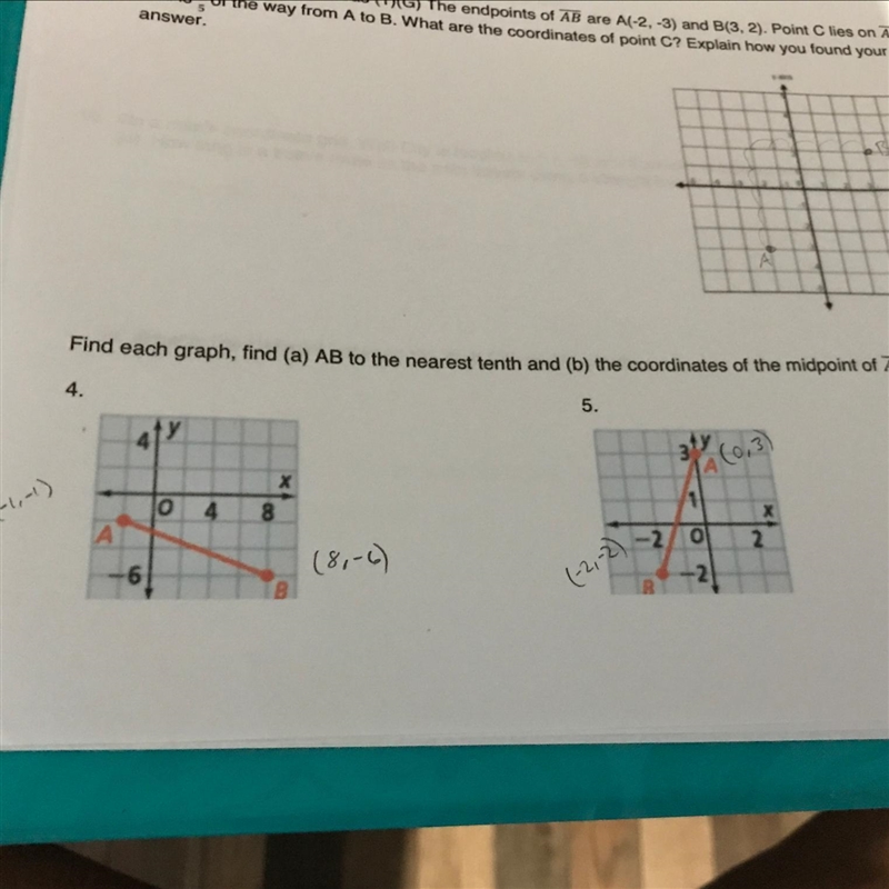 Find each graph, find (a) AB to the nearest tenth and (b) the coordinates of the midpoint-example-1