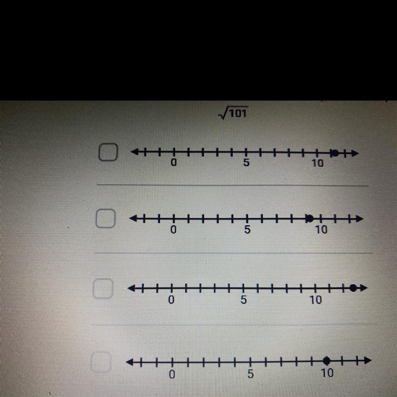 Choose the number line that could show this value square root of 101.-example-1