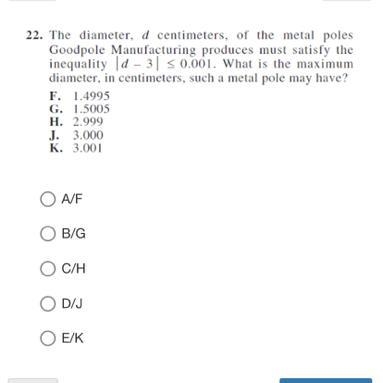 The diameter, d centimeters, of the metal poles Goodpole Manufacturing produces must-example-1