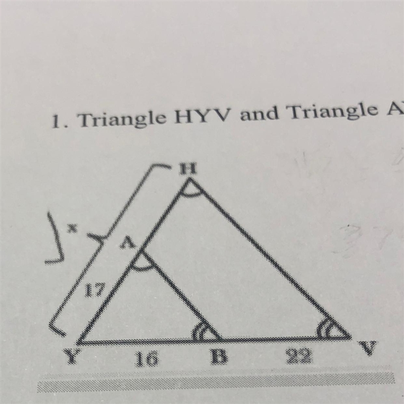 1. Triangle HYV and Triangle AYB are similar. What is the value of x-example-1