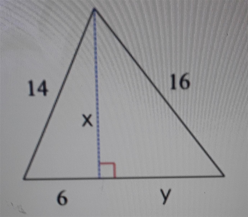 Find the area of this triangle and the values of x and y-example-1