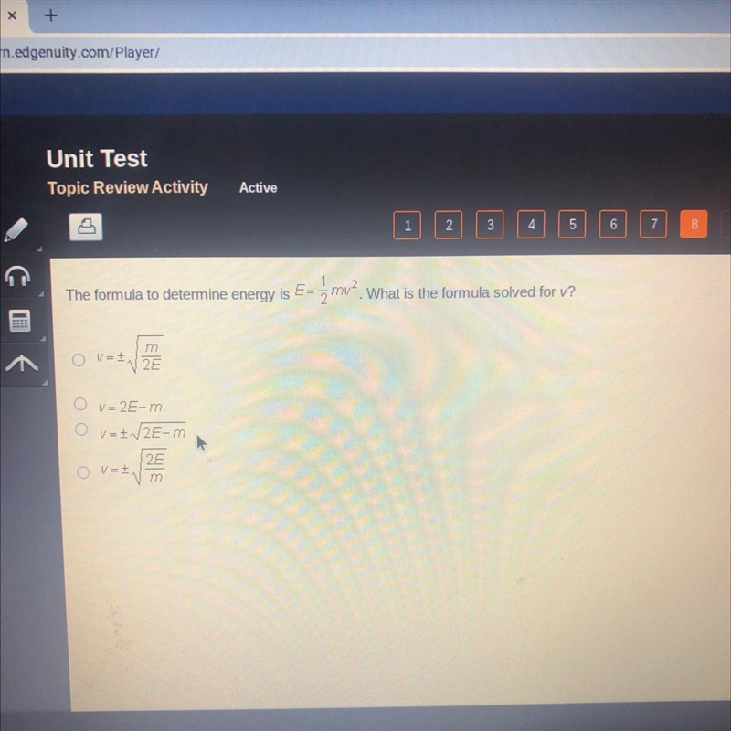 The formula to determine energy is E-3 mu?. What is the formula solved for v?-example-1