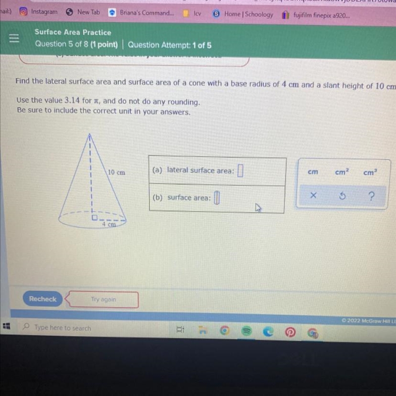 Find the lateral surface area and surface area of a cone with a base radius of 4cm-example-1