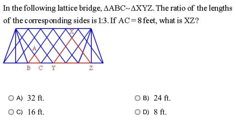 Please help! 20+ Points ~ In the following lattice bridge, ΔABC~ ΔXYZ. The ratio of-example-1