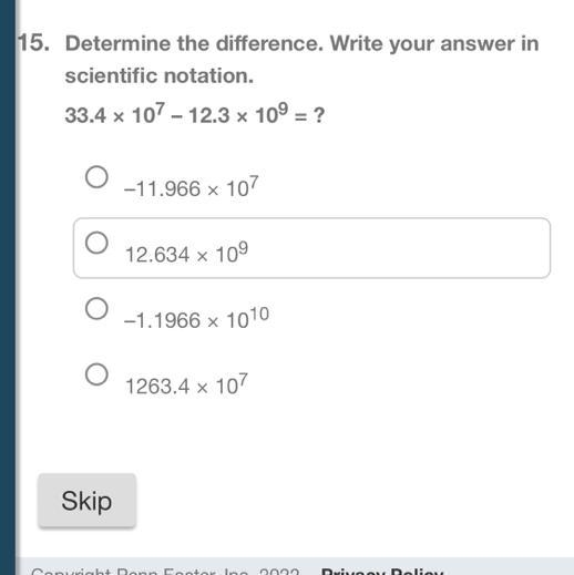 Determine the difference. Write your answer in scientific notation. 33.4 × 107 – 12.3 × 109 = ?-example-1