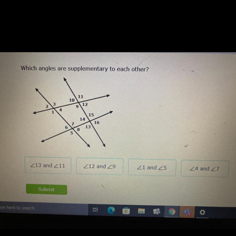 Which angles are supplementary to each other? 11 10 912 4 1 15 14 2 16 6 13 8 5 213 and-example-1