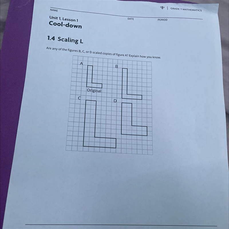 Are any of the figures B, C, Or D scales copies for figure A. Explain how you know-example-1