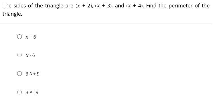 The sides of the triangle are (x + 2), (x + 3), and (x + 4). Find the perimeter of-example-1