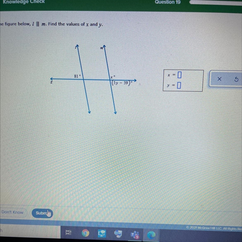 In the figure below, / I| m. Find the values of x and y.-example-1