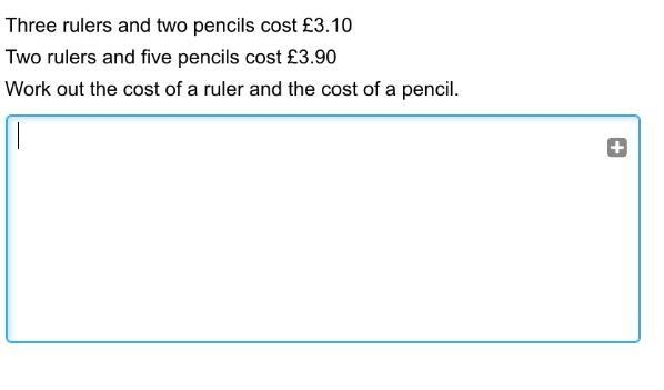 Three ruler and two pencils cost £3.10 Two rulers and five pencils cost £3.90 Work-example-1