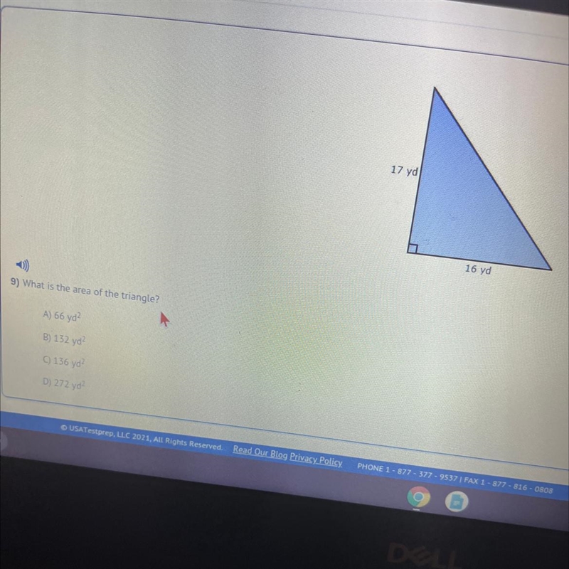 9) What is the area of the triangle? A) 66 yd? B) 132 yd? C) 136 yd D) 272 yd-example-1