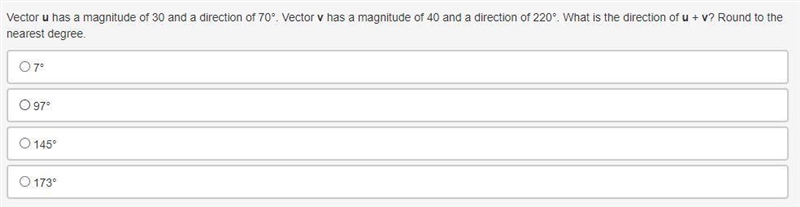 Vector u has a magnitude of 30 and a direction of 70°. Vector v has a magnitude of-example-1