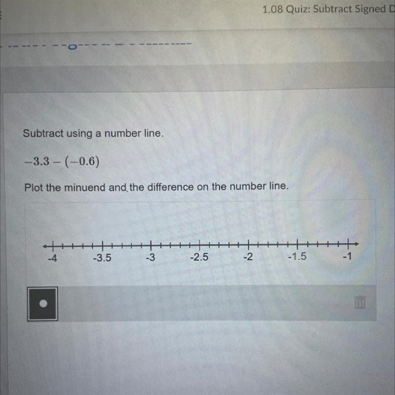 Subtract using a number line. -3.3-(-0.6) Plot the minuend and, the difference on-example-1