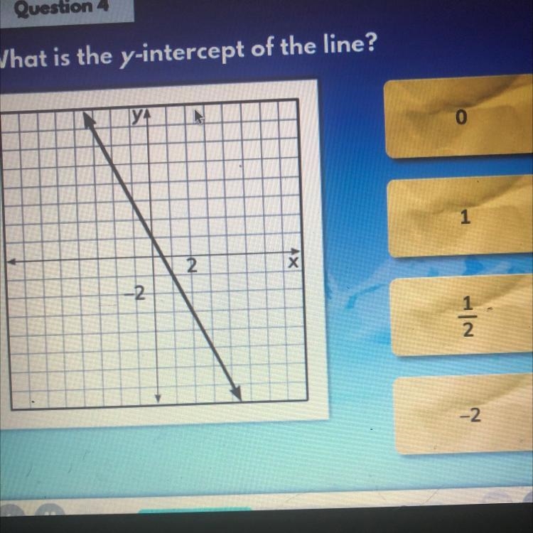 What is the y intercept of the line? A: 0 B: 1 C: 1/2 D: -2-example-1