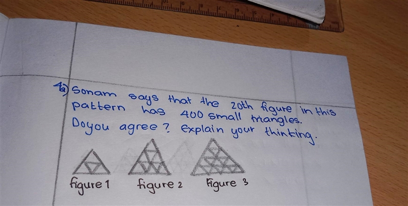 Sonam says that the 20th figure in this pattern has 400 small triangles. do you agree-example-1