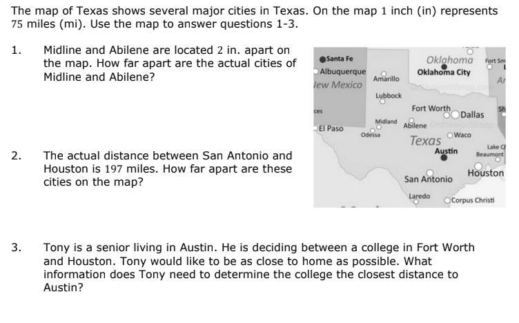 The map of Texas shows several major cities in Texas. On the map 1 inch (in) represents-example-1