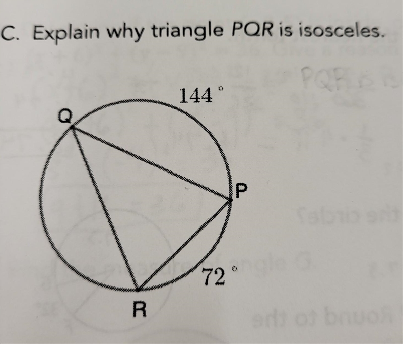 C. Explain why triangle PQR is isosceles. ​-example-1