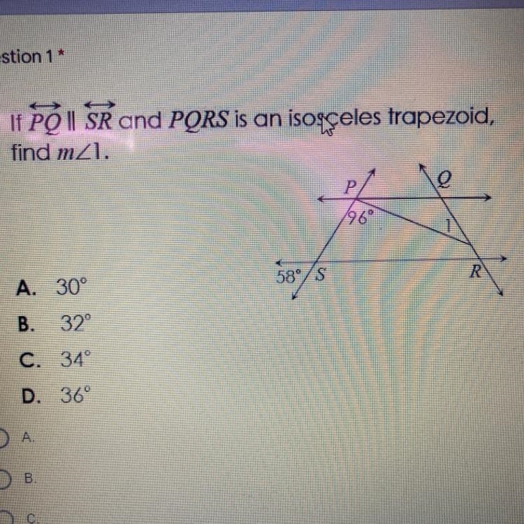 If PQ || SR and PQRS is an isosceles trapezoid, find m<1-example-1