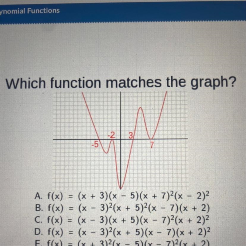 Which function matches the graph? A. f(x)=(x + 3)(x - 5)(x + 7)²(x - 2)² B. f(x) = (x-example-1