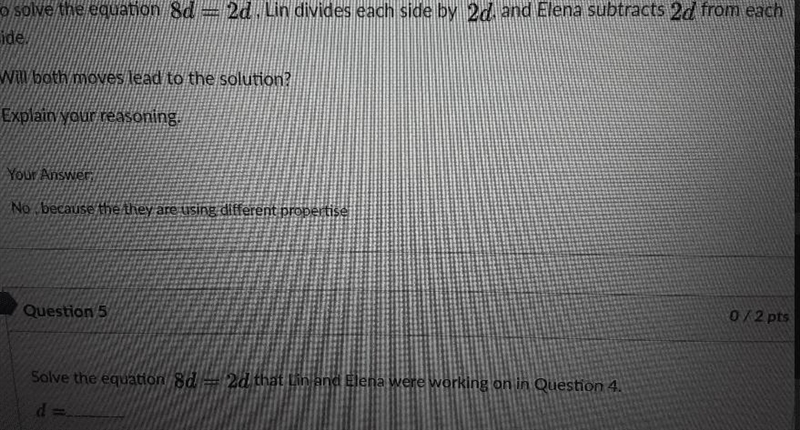 To solve the equation 8d = 2d, Lin divides each side by 2d, and Elena subtracts 2d-example-1