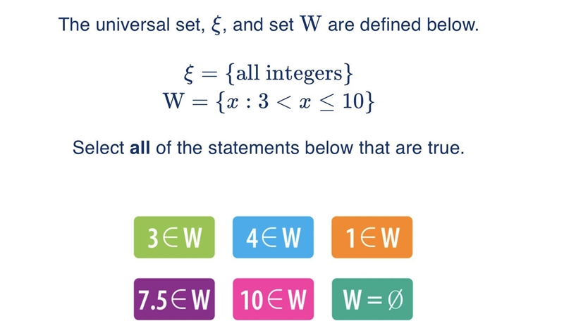 The universal set, &, and set W are defined below. {= {all integers} W= {a : 3 &lt-example-1