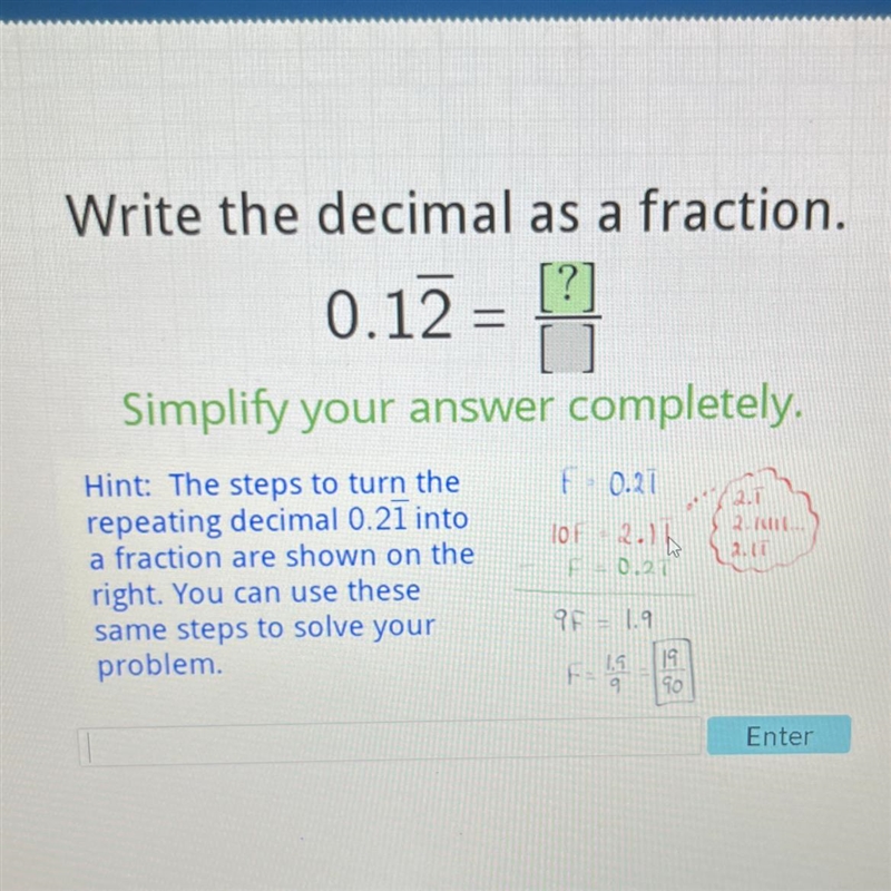 Write the decimal as a fraction. 0.12-example-1